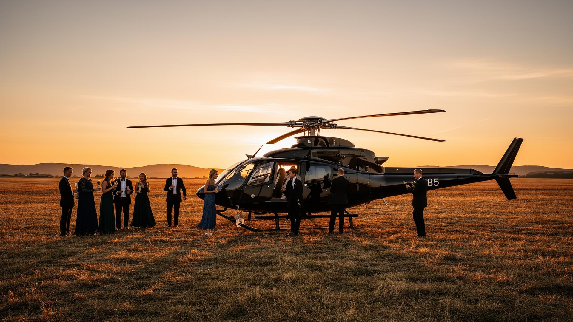 VIP helikopter event ved solnedgang
